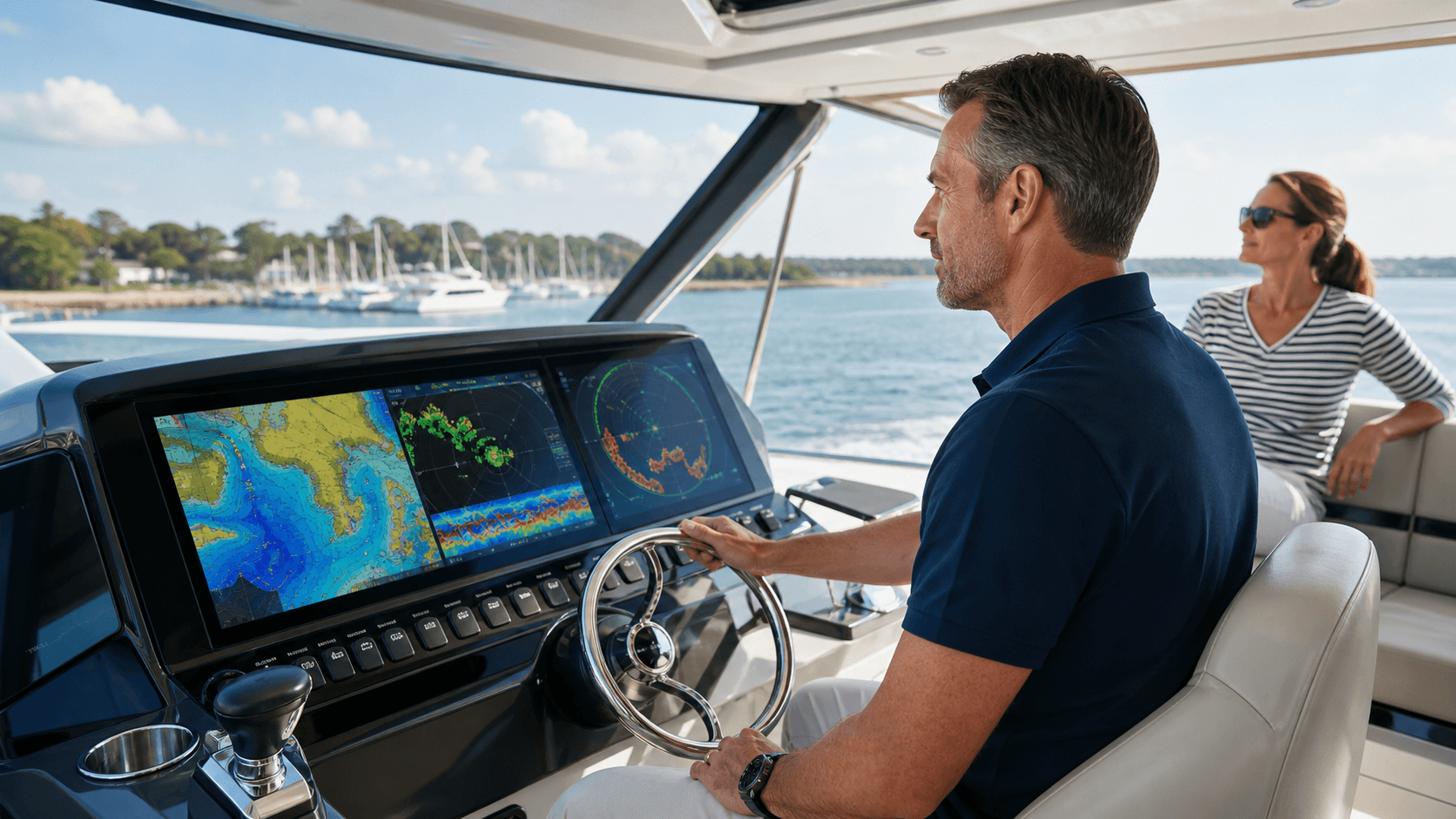 Close-up of a glowing marine chartplotter showing coastal maps and navigation data against a dark blue background.