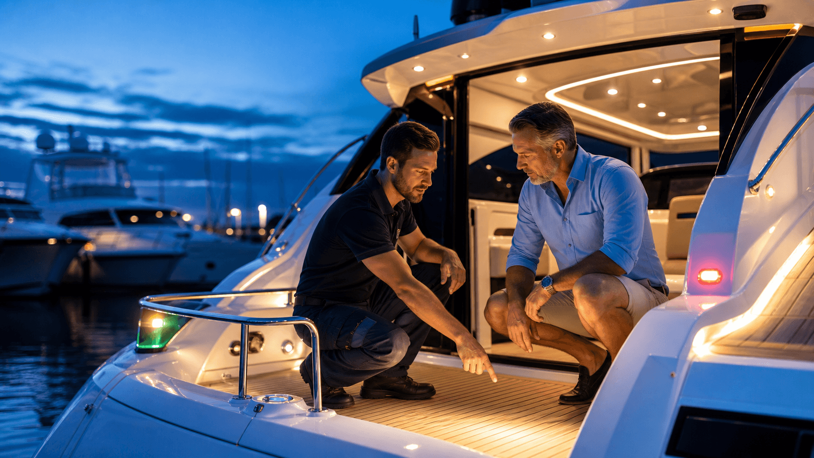 Sleek motorboat glowing with blue deck lights as it cruises across dark water under a starry night sky