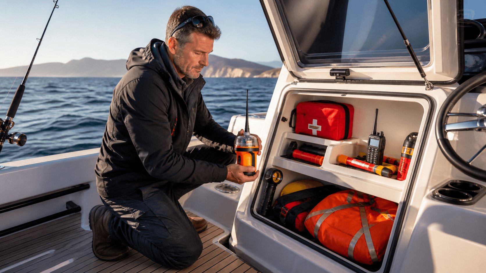 Orange life jacket, flare kit, and radio arranged on a white boat deck beside deep blue ocean.