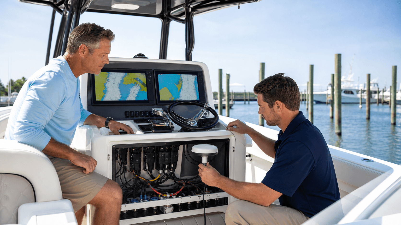 Boat helm with glowing navigation displays, radar screen, and marine radio controls in blue ambient light.