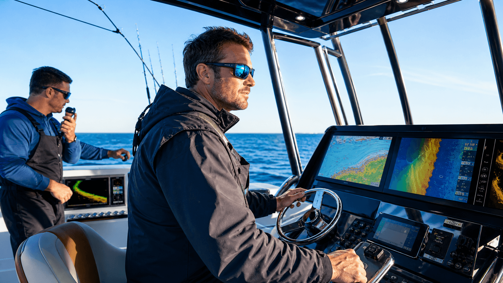 Glowing marine navigation displays and radar screens illuminate a boat helm in deep blue light.