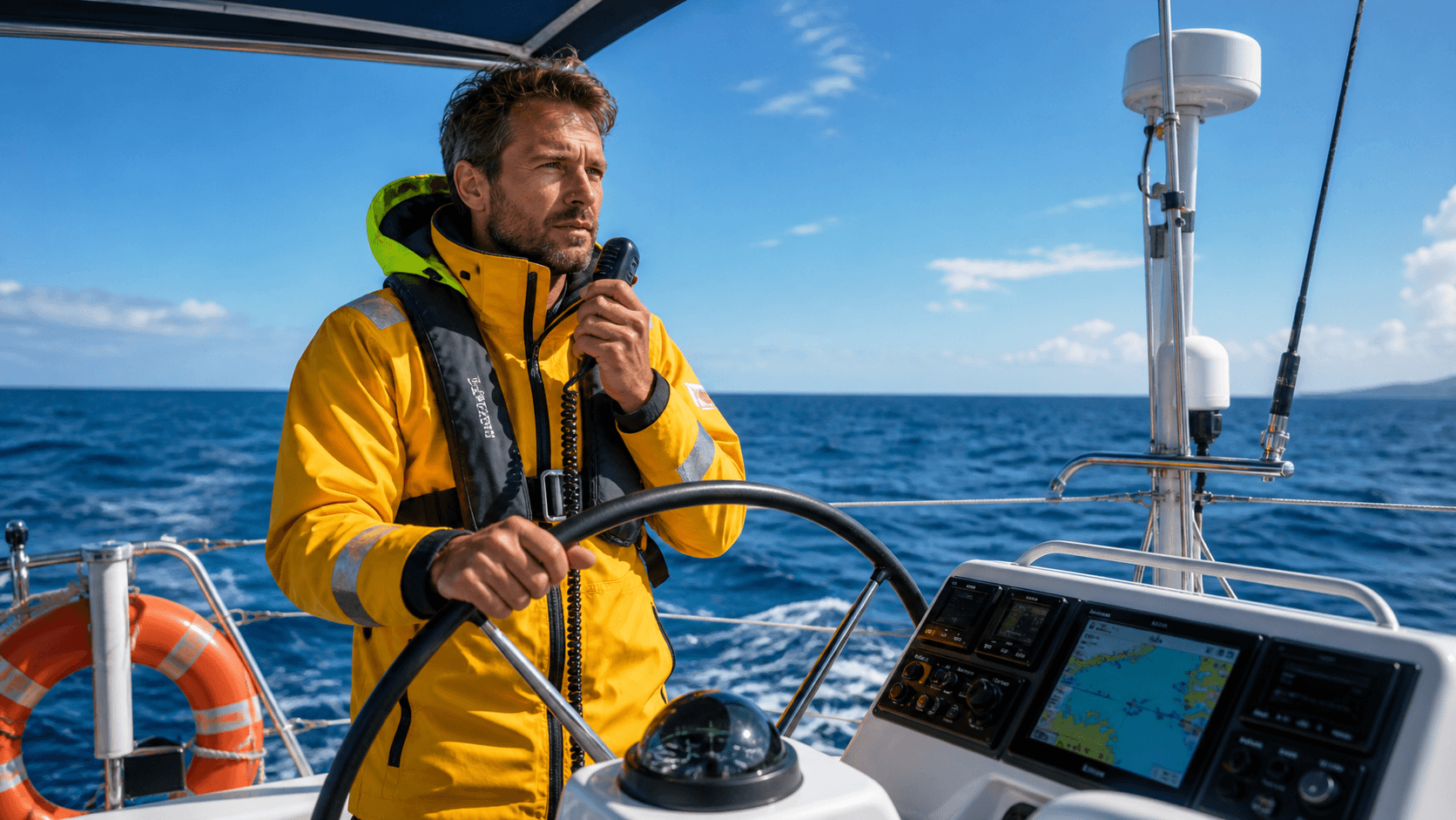 Solo sailor on a sailboat uses a radio beneath a vivid orange sunset over open ocean.