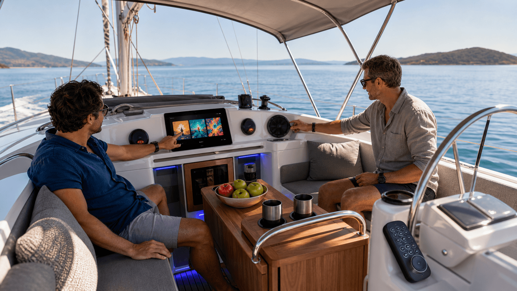 Modern yacht salon with a large TV, surround speakers, and ocean views through sunlit windows.