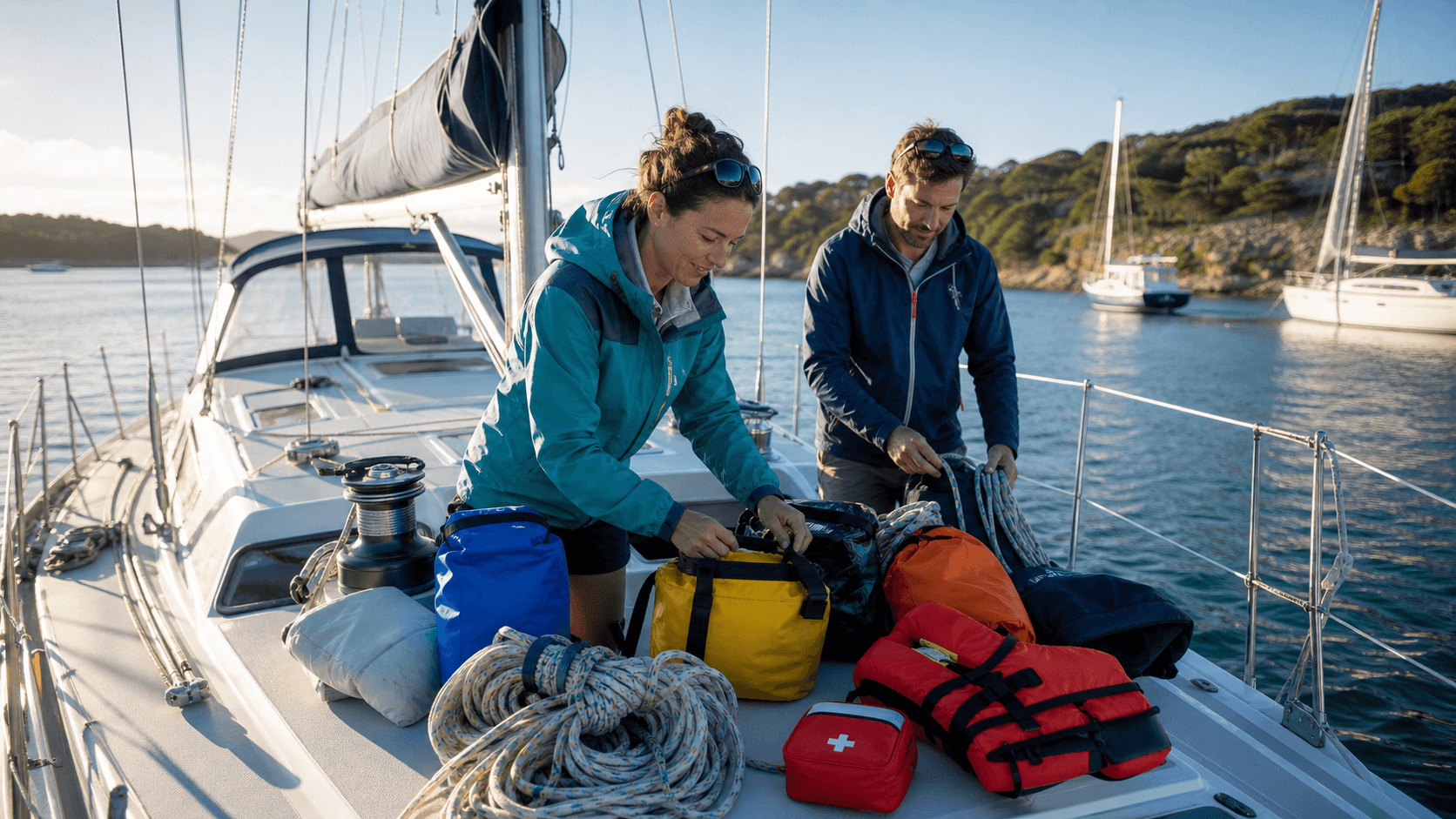 Sailing gear, maps, and a yellow rain jacket arranged on a sailboat deck beside calm blue water.