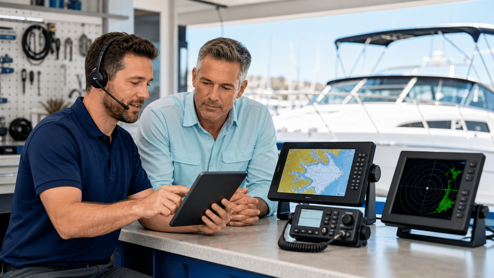 Person browsing marine electronics on a laptop beside a chartplotter and handheld radio on a boat dashboard.