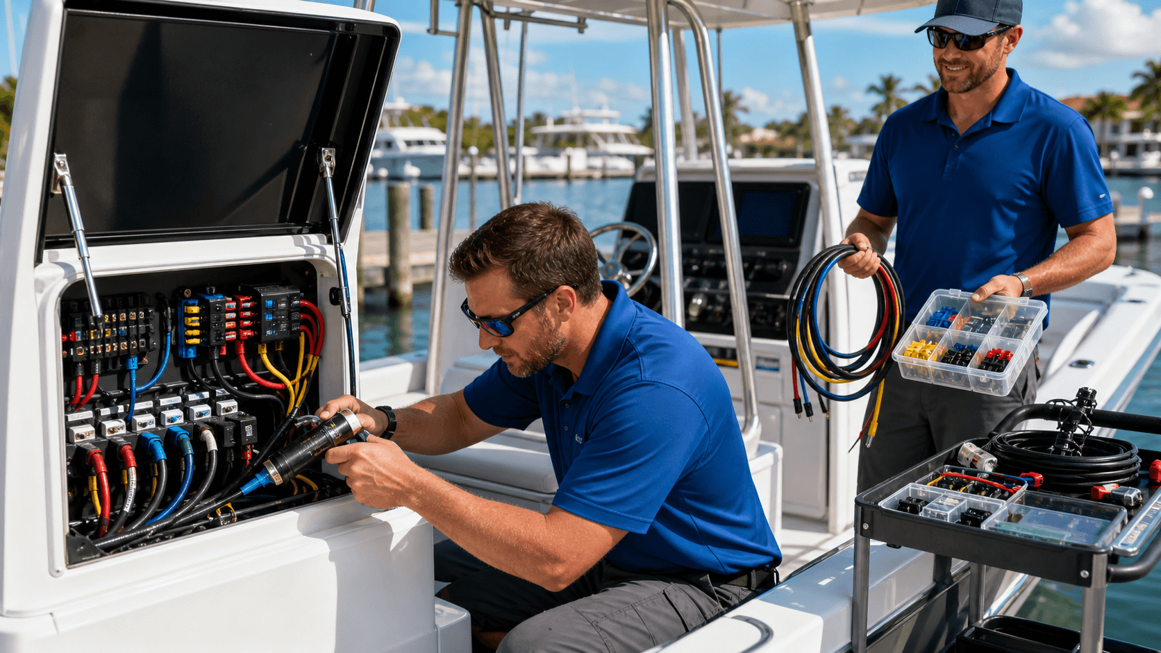 Marine electrical tools, cables, and battery terminals arranged on a boat deck in bright daylight.