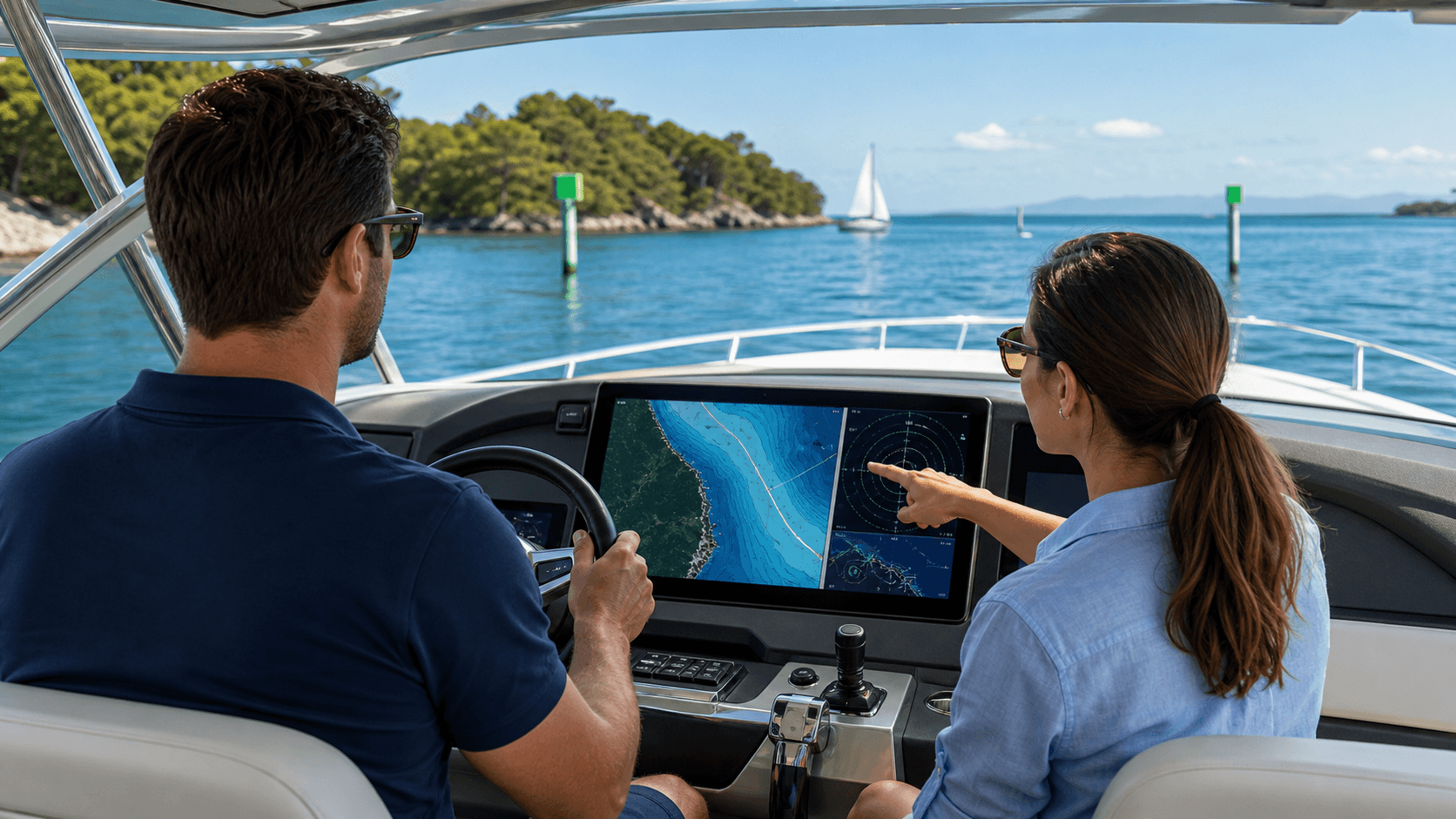 Boat helm with glowing GPS chartplotter, compass, and radar display against a blue ocean horizon.